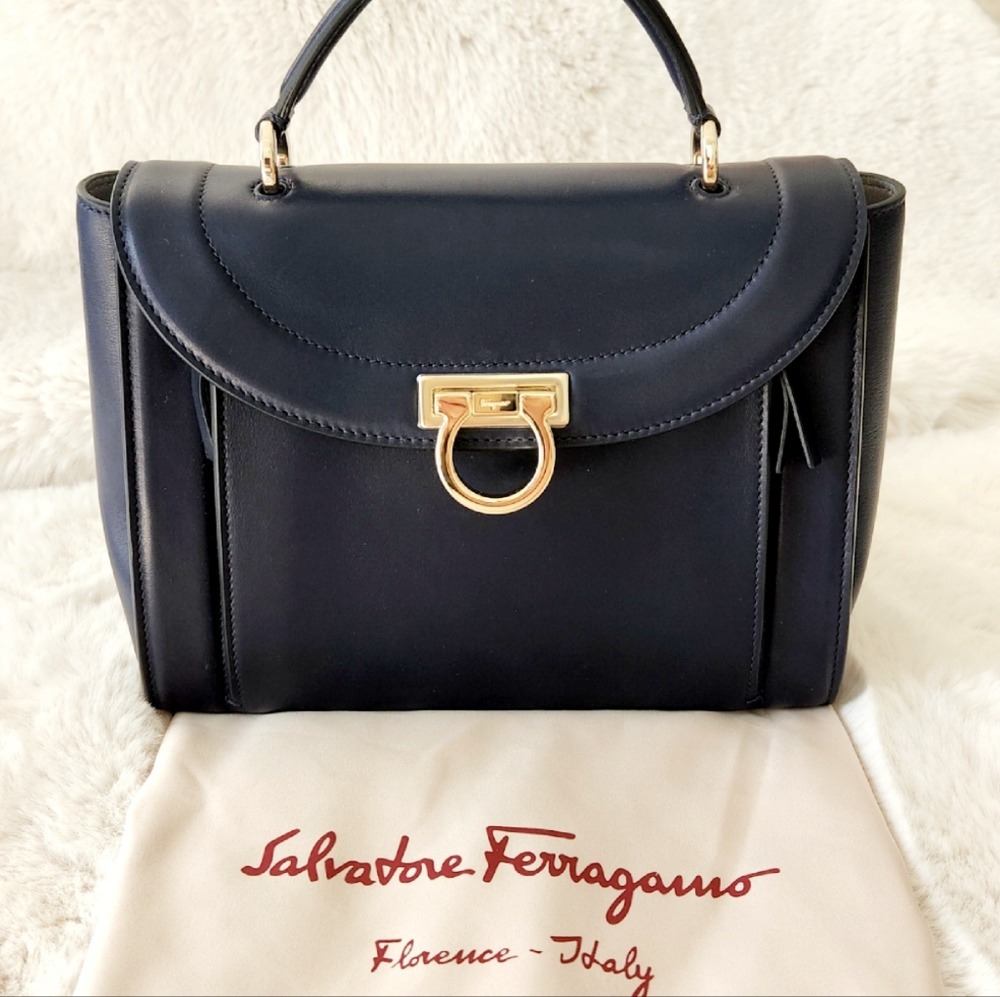 Salvadore Ferragamo, Calfskin Sofia Rainbow Top Handle Bag in Oxford Blue